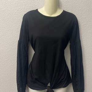 Black Front-Tie Long Sleeve Top with Eyelet Lace Sleeves, Size S